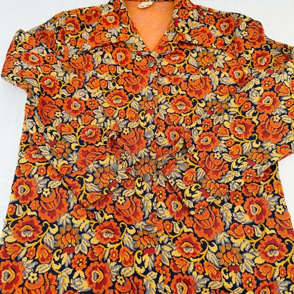 Vintage Floral Patterned Women's Top - Orange and Black - Picture 4 of 11